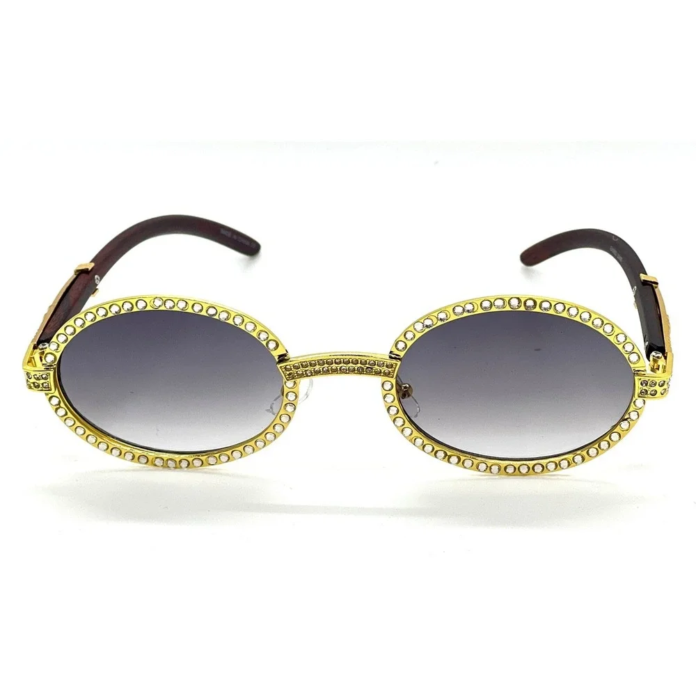 Rhinestone Sunglasses ‎ Gold Wood Tone Accents Men Black Gradient Lens Classic
